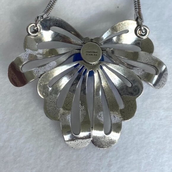 VTG Sterling Silver 925 Forstner Blue Cats Eye Glass Floral Pendant Necklace 16" - Picture 6 of 16